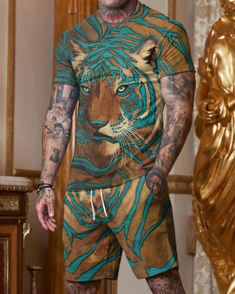 Lion Printed T Shirt Set for Men O-neck 3D 2 Piece Casual Suit 2023 Summer Oversized Men's Tracksuit Sportswear Shorts