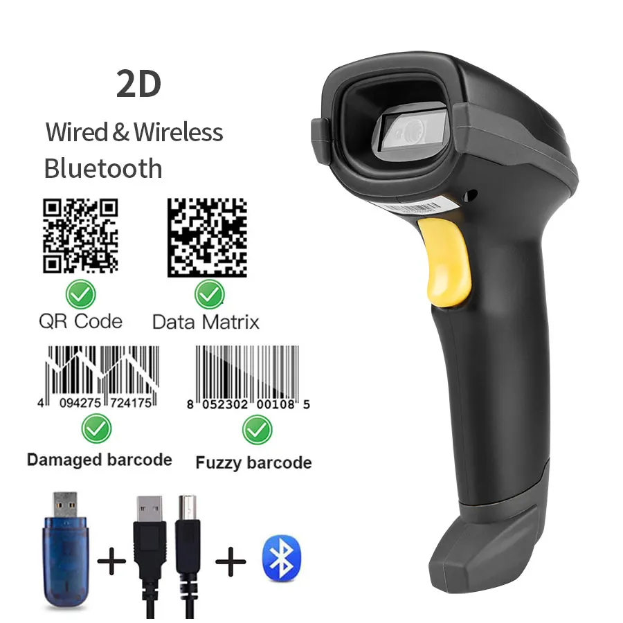 A66D 2D wireless barcode scanner Handheld 2D Code Scanner Bar Code Reader QR Code Reader PDF417 bluetooth 2.4G wireless wire