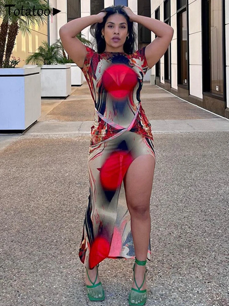 

Totatoop Vintage Floral Print High Split Bodycon Long Dress For Women 2022 Summer Boho Transparent Mesh Maxi Dress Beachwear