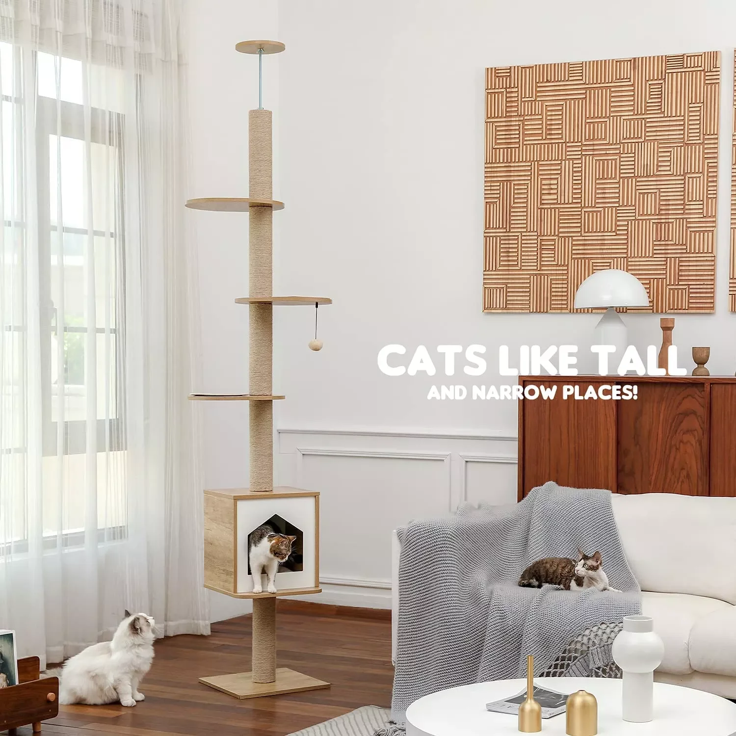 

Cat Tree Floor to Ceiling Adjustable Activity Center High Kitten Multi-Level Condo with Scratching Post Pad Hammock Cat Tower