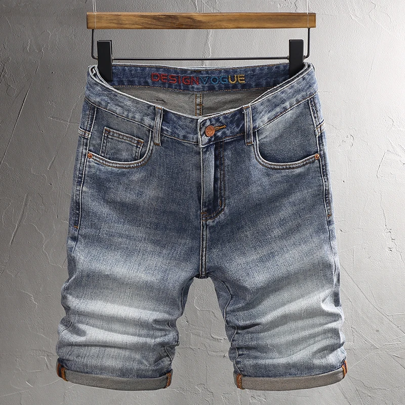 Summer Fashion Men Jeans Retro Washed Blue Embroidery Designer Elastic Casual Short Jeans Homme Vintage Cotton Denim Shorts Men
