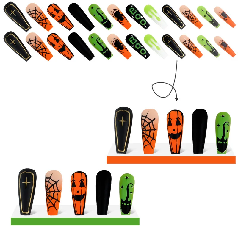 Фото Nail Art Хэллоуин Nail Piece 2024, носимые длинные INS Style Horror Spider Web Nail Piece Nail Art Patch Готовый продукт №4