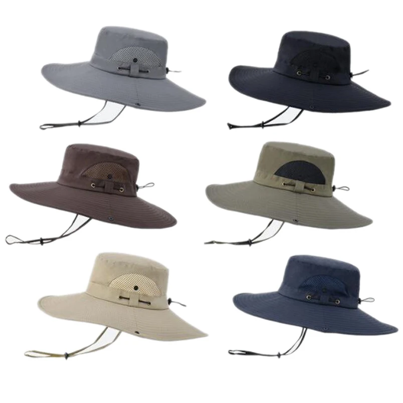 

Summer Adjustable Drawstring Bucket Hats Men Outdoor Breathable Mesh Fishing Cap Wide Brim Anti-UV Beach Caps Visor Panama Caps