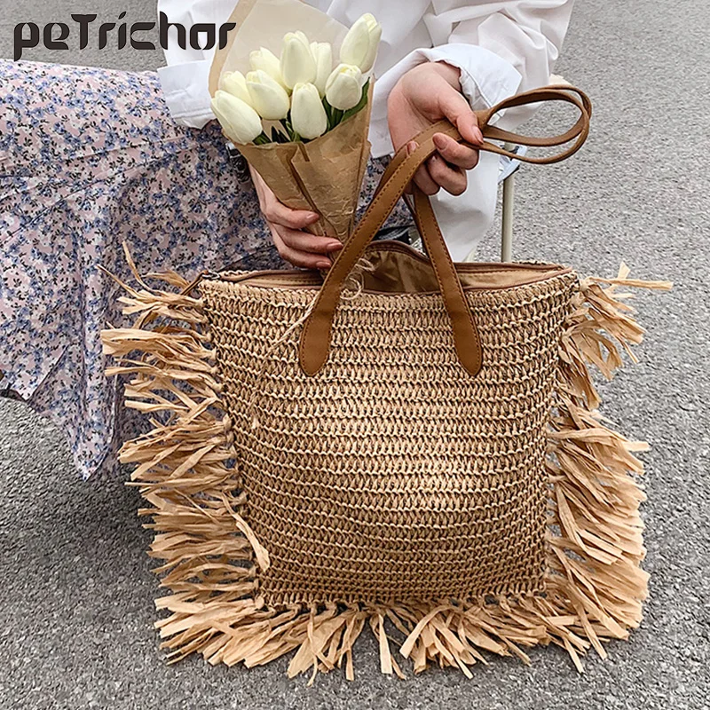 

Summer Braided Tassel Design Shoulder Bags For Women Fashion Larger Capacity Travel Brand Messenger Bags Handbags Bucket Bag