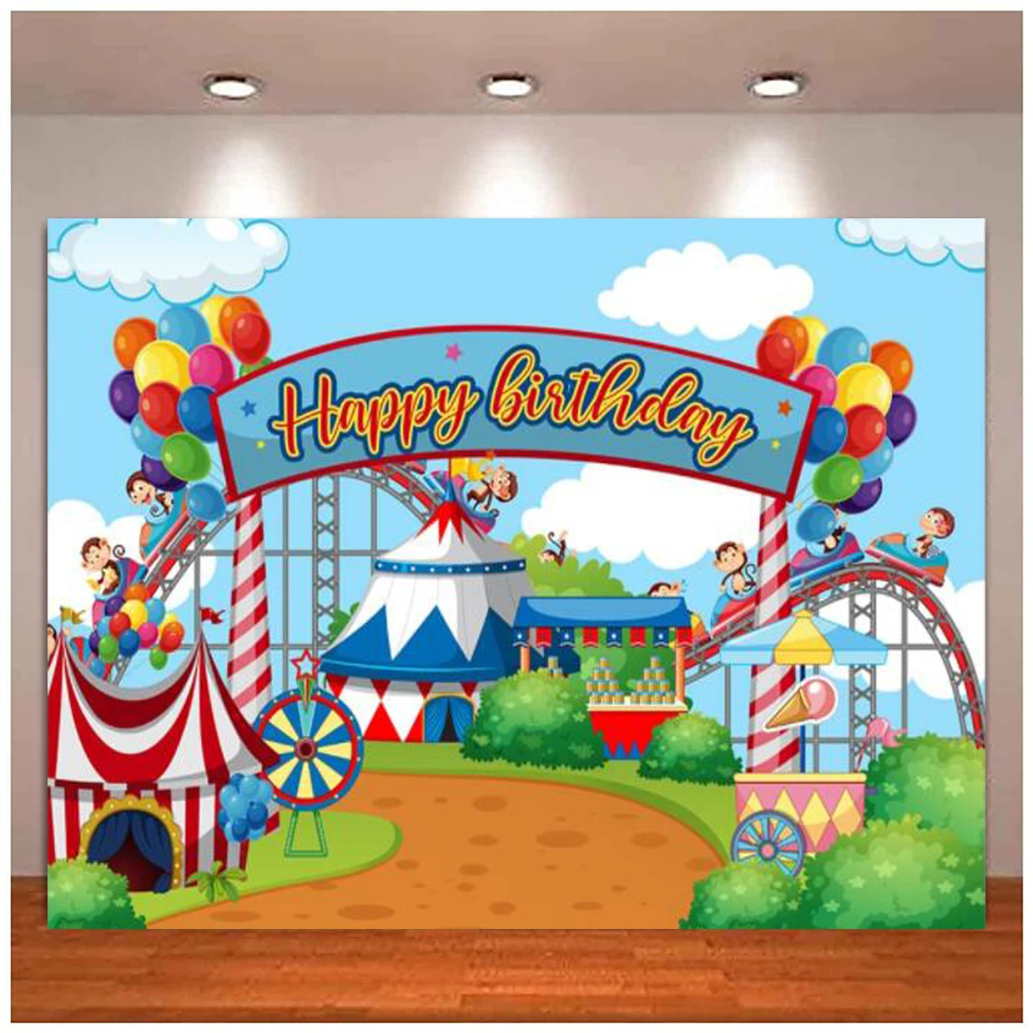 

Carnival Photography Backdrop Amusement Park Carousel Circus Background Monkey Boys Girls Birthday Party Banner Decorations