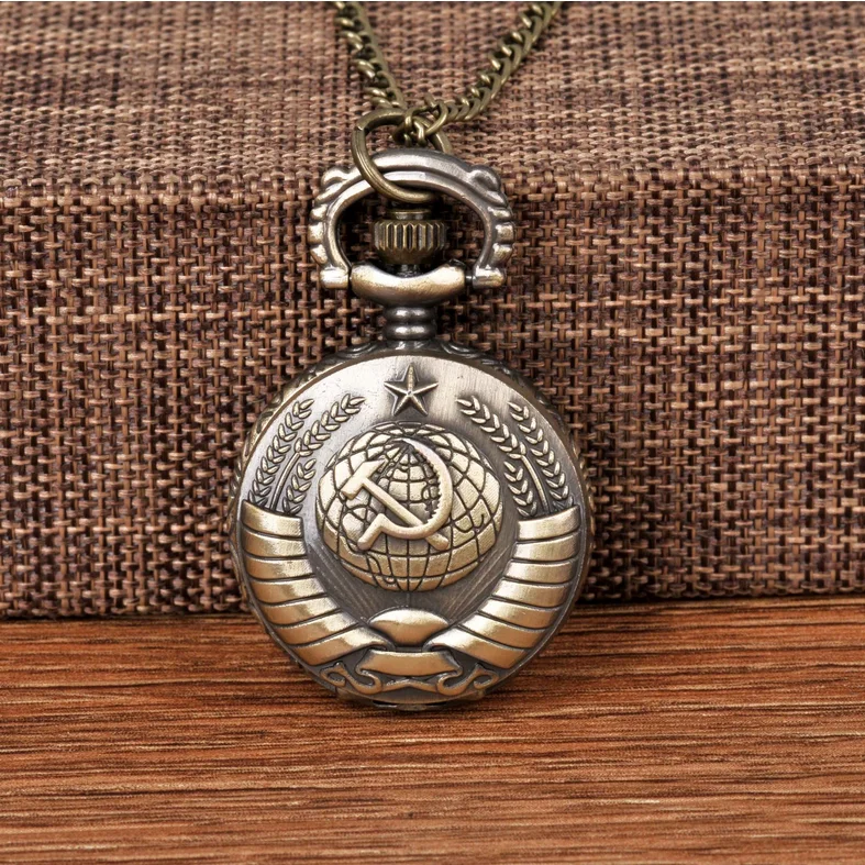 Soviet Sickle Hammer Style Quartz Pocket Watch Necklace Bronze Pendant Clock CCCP Russia Emblem Communism Top Gifts