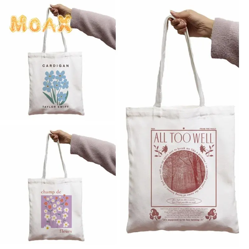 

All Too Well Print Women Shoulder Bag Flower Large Capacity Shopping Bag Girls Canvas White Tote Bags Custom Pattern Handbags