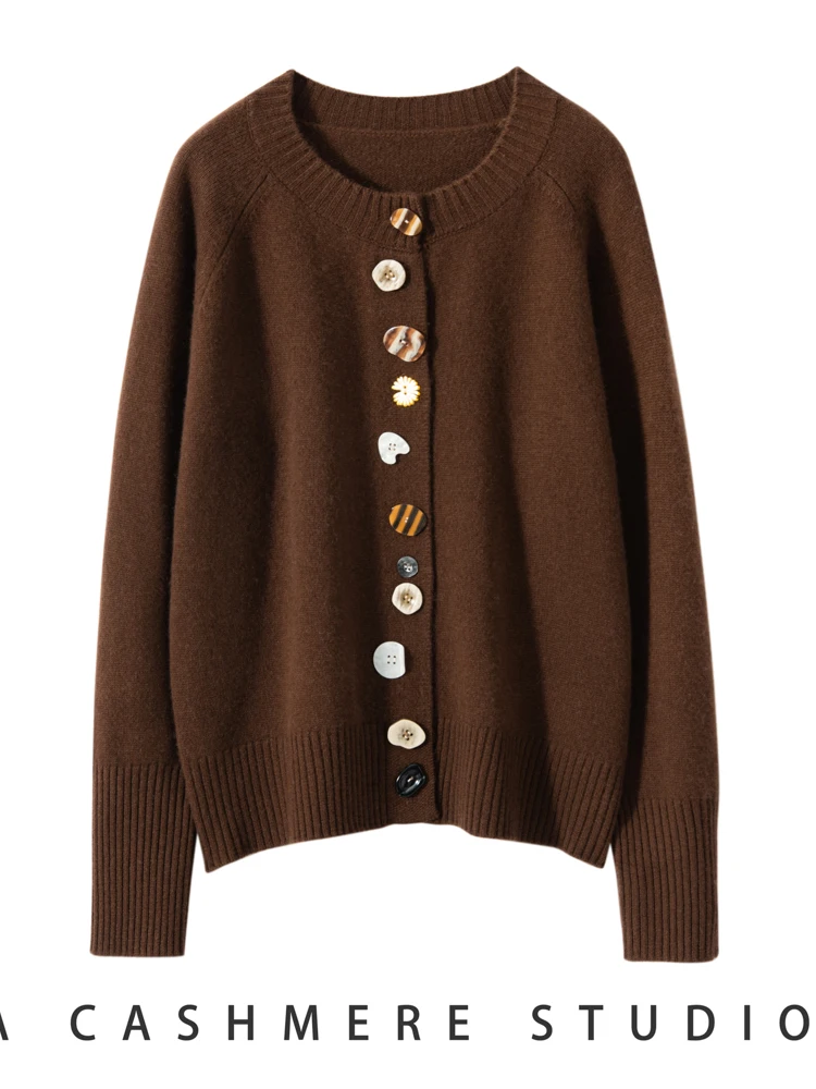 Качественный роскошный женский кашемировый свитер кардиган с круглым вырезом