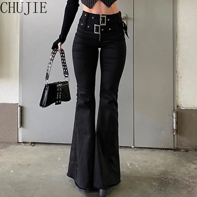

Women's Design Sense Double Belt High Waist Slim Fit Thin Stretch Denim Flared Pants New 2022