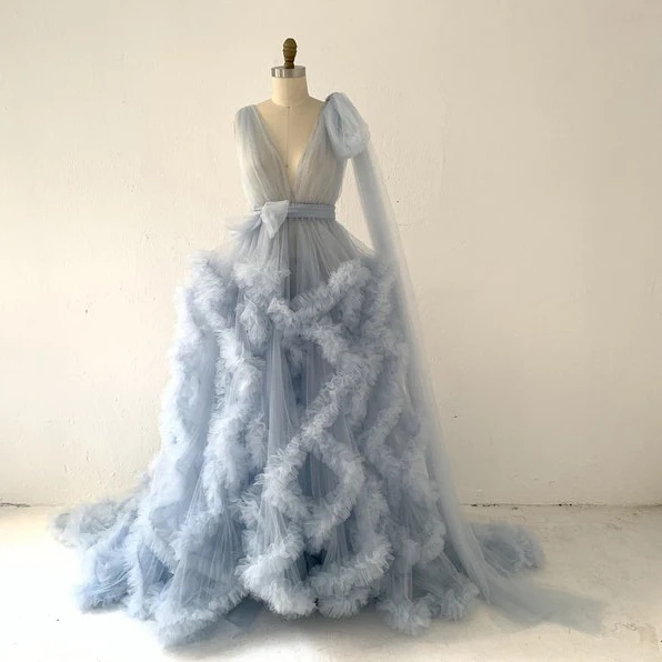 

Real Image Ruffles Pleated Long Maternity Robes Sexy Sheer See Thru Illusion Pregnancy Dress Deep V Neck Tulle Dress Plus Size