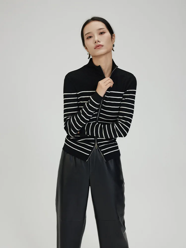 Шерстяной вязаный кардиган женский полосатый эластичный на молнии с длинным