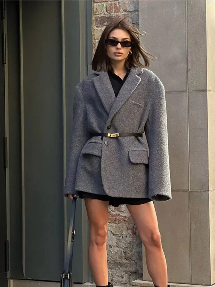 Женская шерстяная куртка в стиле ретро элегантная серая большого размера с