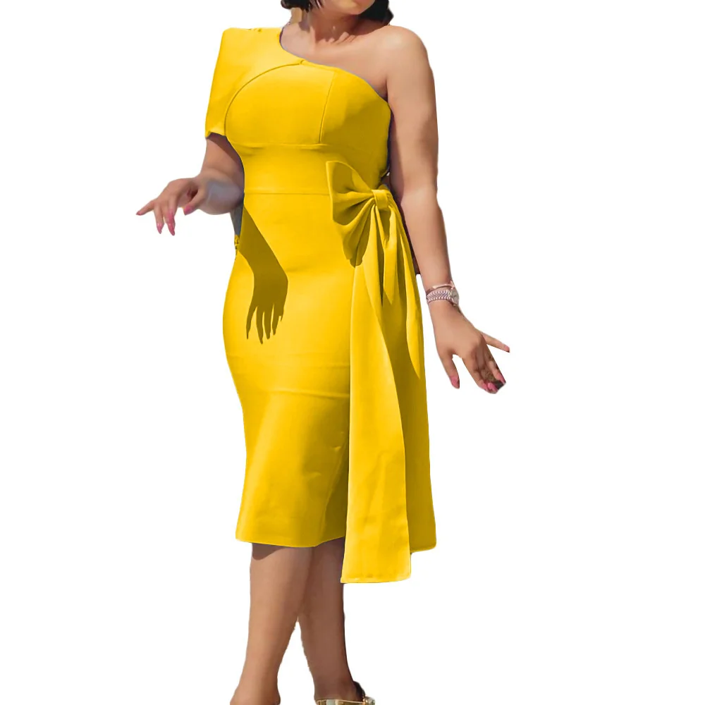 

Cutubly Summer Vestidos Solid Casual Birthday Gown Festival Bow Midi Dress Fashion Vintage Women's Dresses Elegant One Shoulder