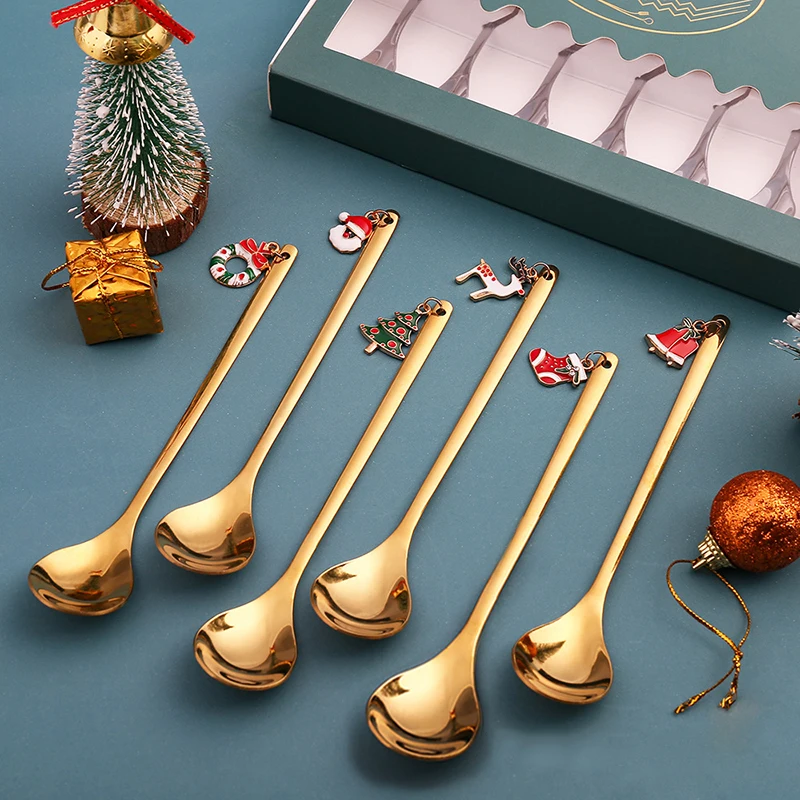 

New Year Stainless Steel Christmas Spoons Xmas Party Coffee Spoon with Christmas pendant Christmas Decorations Noel Gift