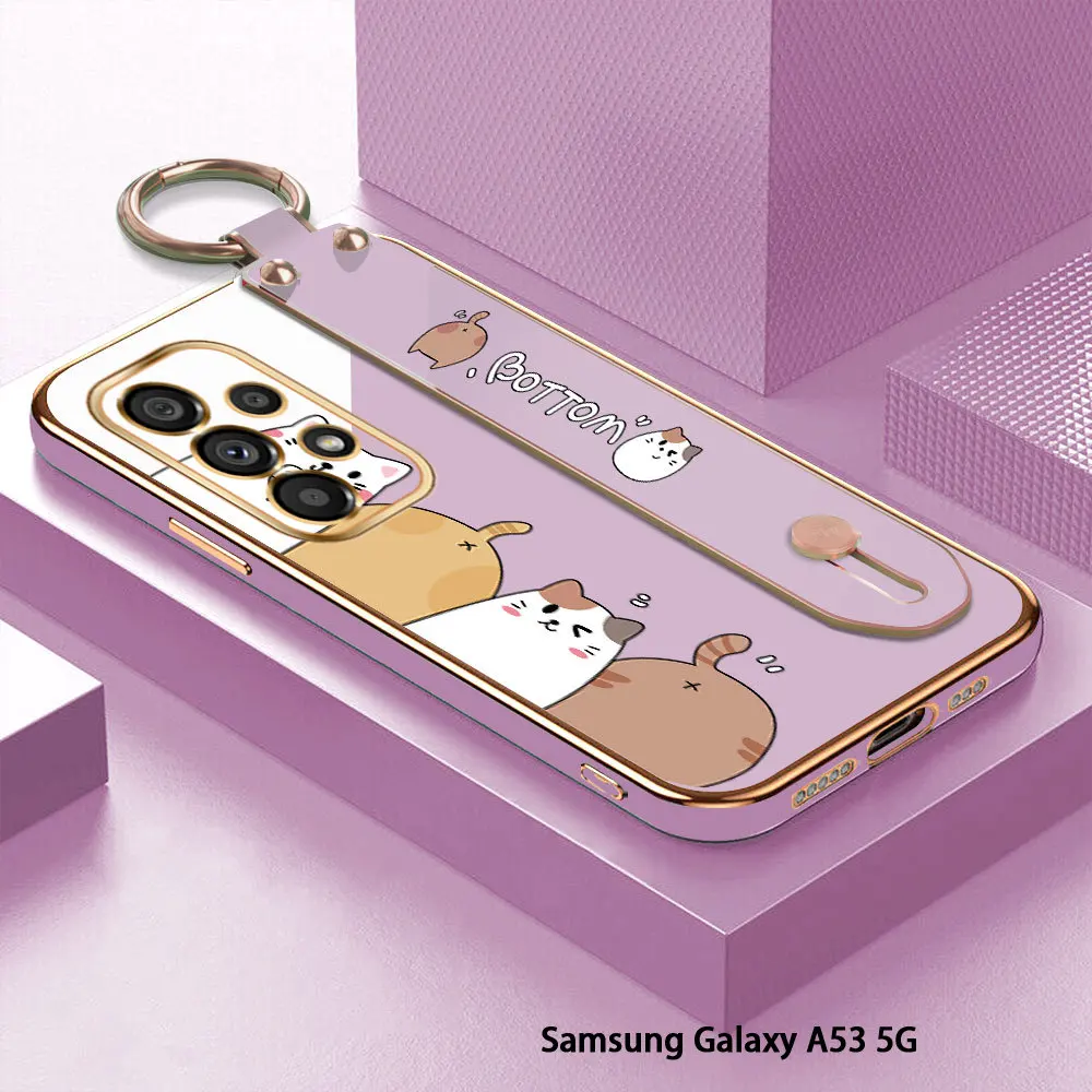 

(With Wristband) For Samsung Galaxy A53 A73 A33 A23 A13 4G 5G Cartoon Cat Pattern Back Cover Luxury Plating TPU Phone Case