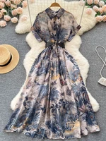 2022 spring summer fashion runway shirt dress womens short sleeve elegant floral stripe butterfly print ol midi dress 1861