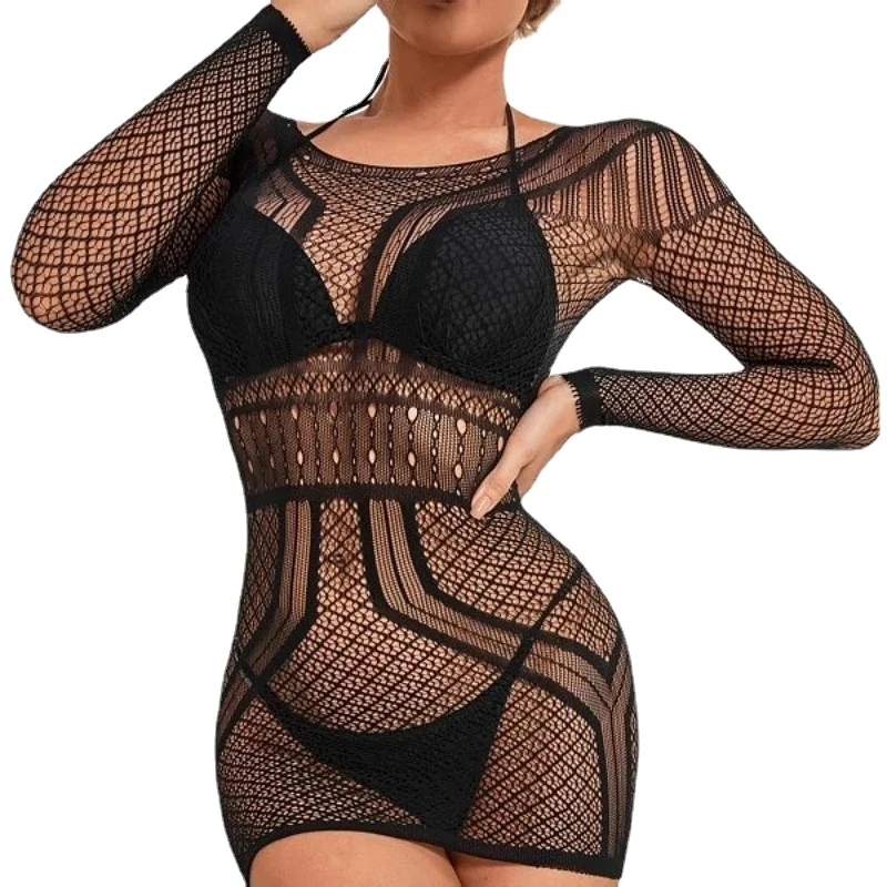 

Женская трикотажная Соблазнительная однотонная ажурная Экзотическая одежда с длинным рукавом боди с круглым вырезом забавная ночная рубашка