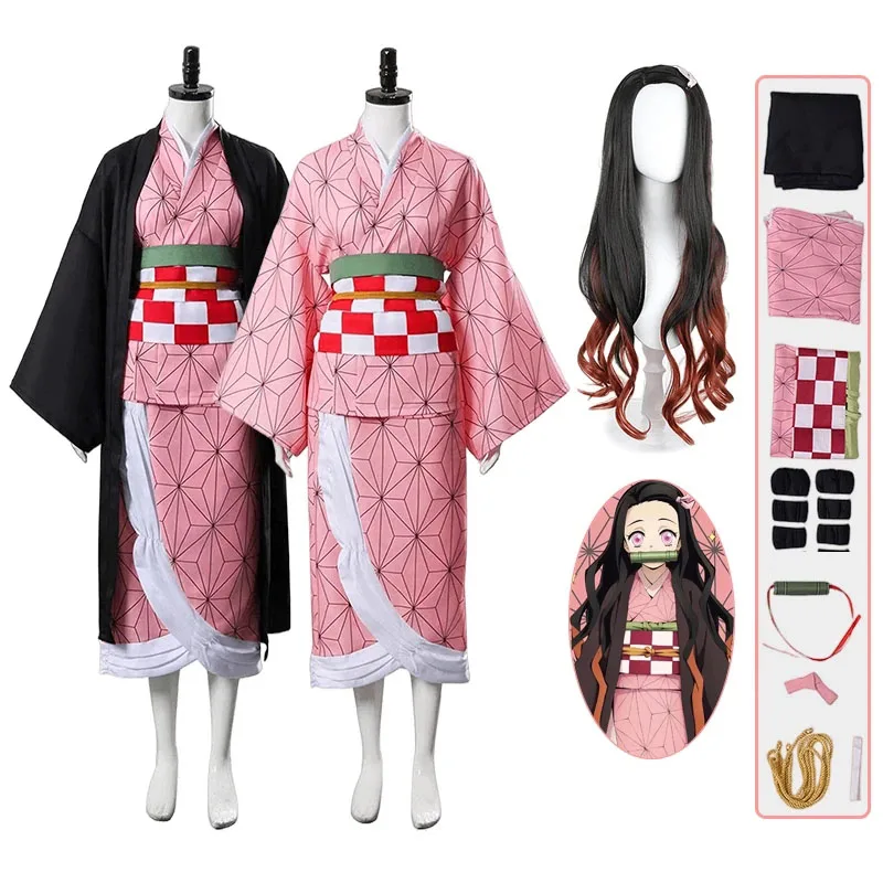 

Anime Demon Slayer Kamado Nezuko Cosplay Kimetsu No Yaiba Costumes Kimono Haori Clogs Suit For Adult Kids Halloween Cos Clothing