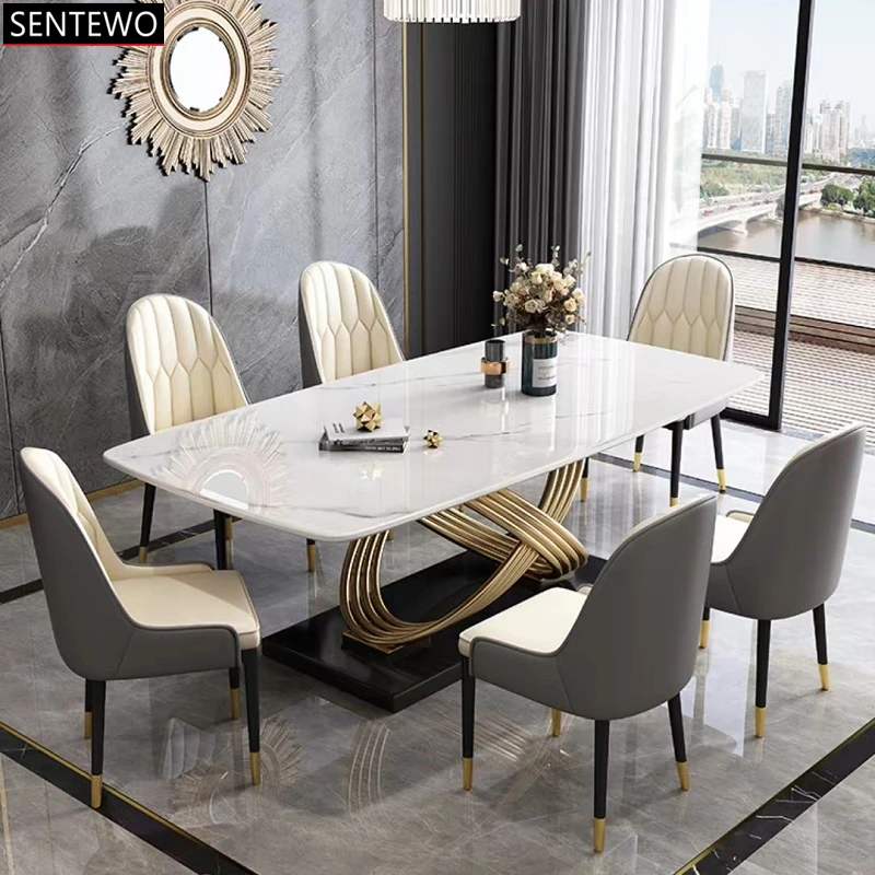 

SENTEWO Free Shipping Dining Table Luxury Stone Light Modern Gold Frame High-end Designer Dining Table And Chair Combination