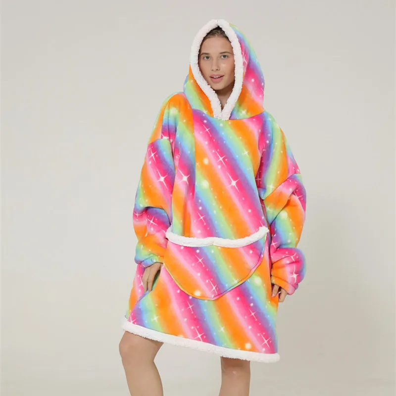 

New Printed Slacker Jumper Flannel Hood Slacker TV Blanket Outdoor Function Suit Winterproof Robes for Women Men Couple