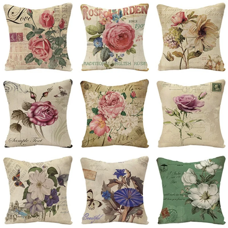 

Spring Flower Pillowcase Colorful Flower Linen Pillow Cover Cushions for Elegant Sofa Bed Garden Chair Pillow Cover 45x45 Cm