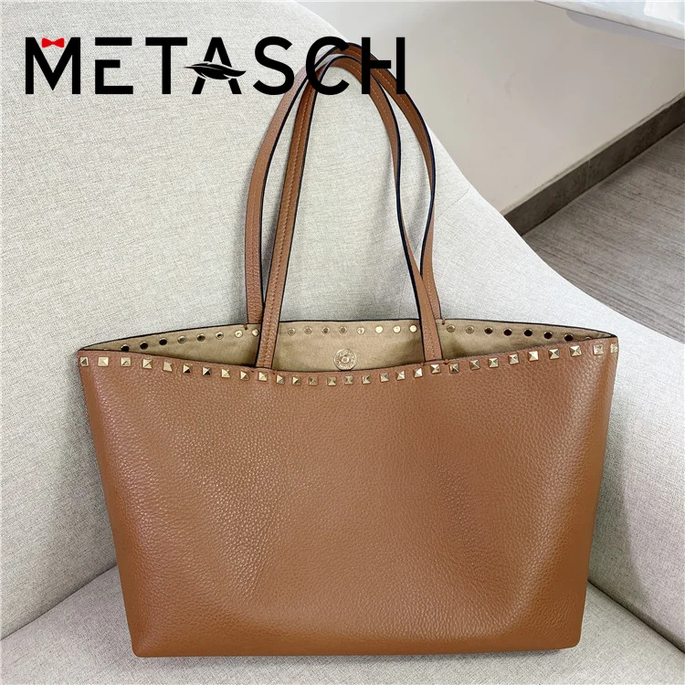 

METASCH Cow Leather Commuting Large Capacity Tote Bag Rivet Fashion Versatile Shoulder Shopping Bag Women Handbags Luxury Design