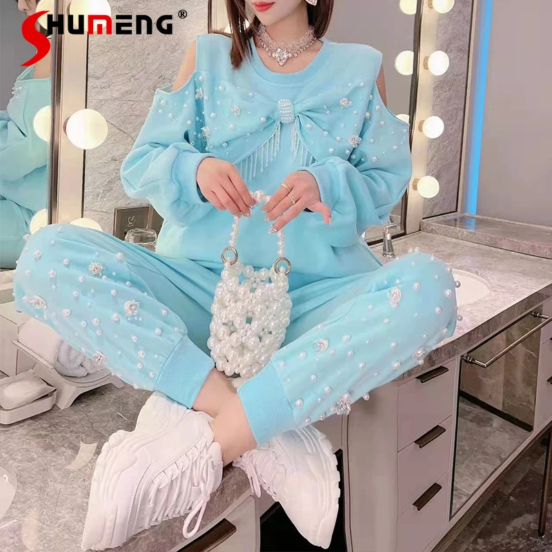 

Новинка весна-осень 2022, женская модная Милая Толстовка в Корейском стиле с бантом и бусинами, женские сказочные свободные однотонные повсед...