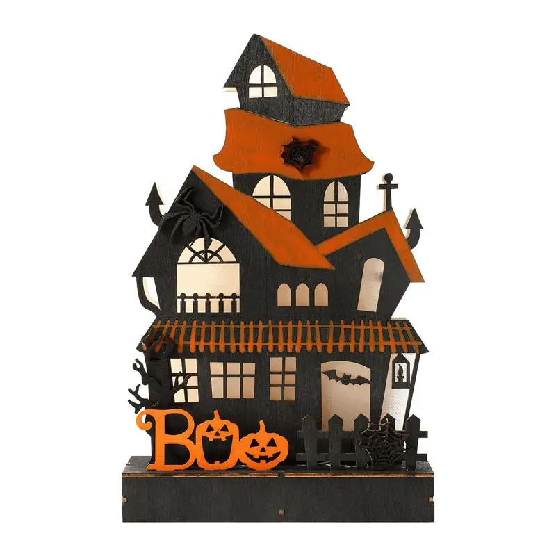 

Halloween Haunted House Wooden Sign Pumpkin Bat LED Light Halloween Theme Model Craft Desk Decoration Gift For Parties