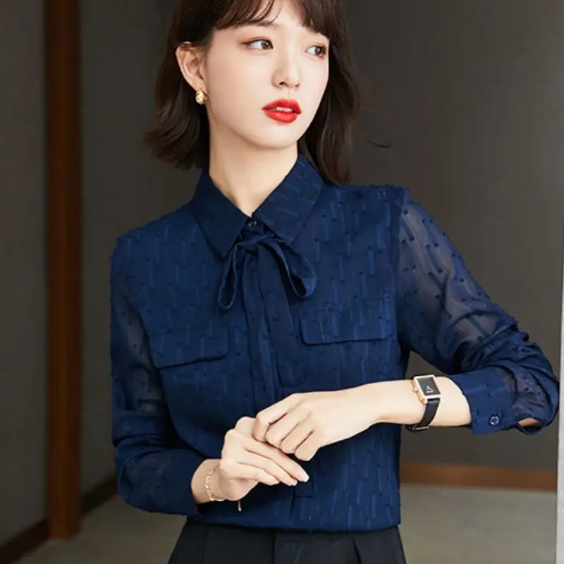 POLO Shirt Women's Spring and Autumn New Fashion Long Sleeve Bow Top Professional Chiffon Bottoming Blouse