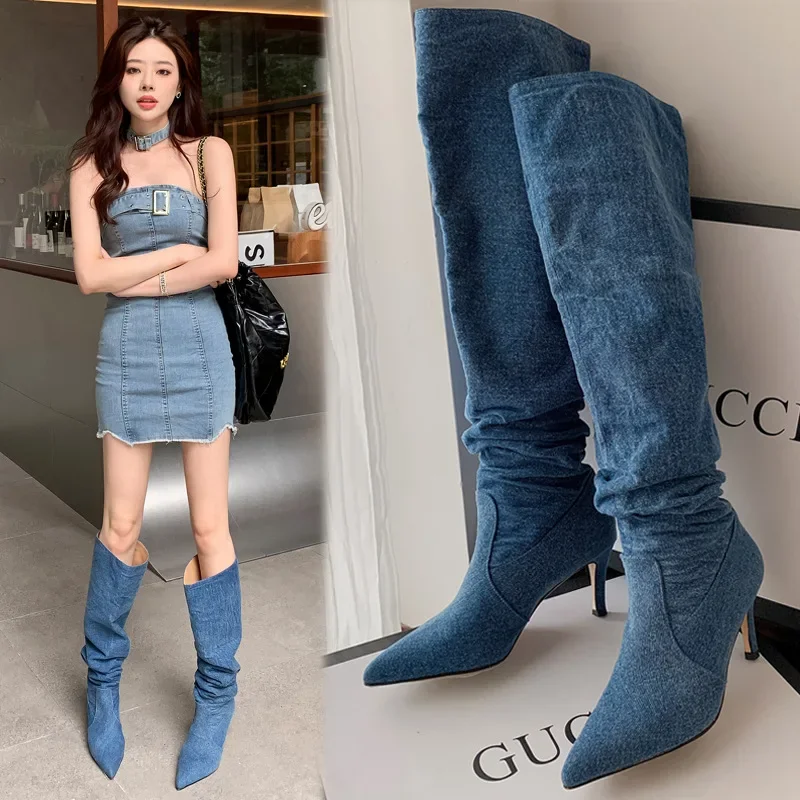 Плиссированные сапоги из джинсового материала с острым носком женская обувь до