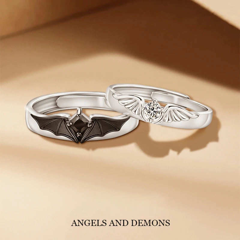 

New Hot Selling Silver Color Fashion Zircon Demon Angel Flying Wing Men and Women Open Ring Couple Anniversary Gift 1236