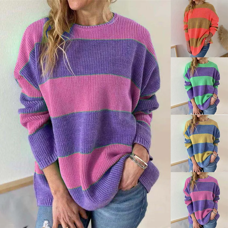 Women New Sweater Knitwear Striped Color Contrast Pullover Autumn and Winter Sweater