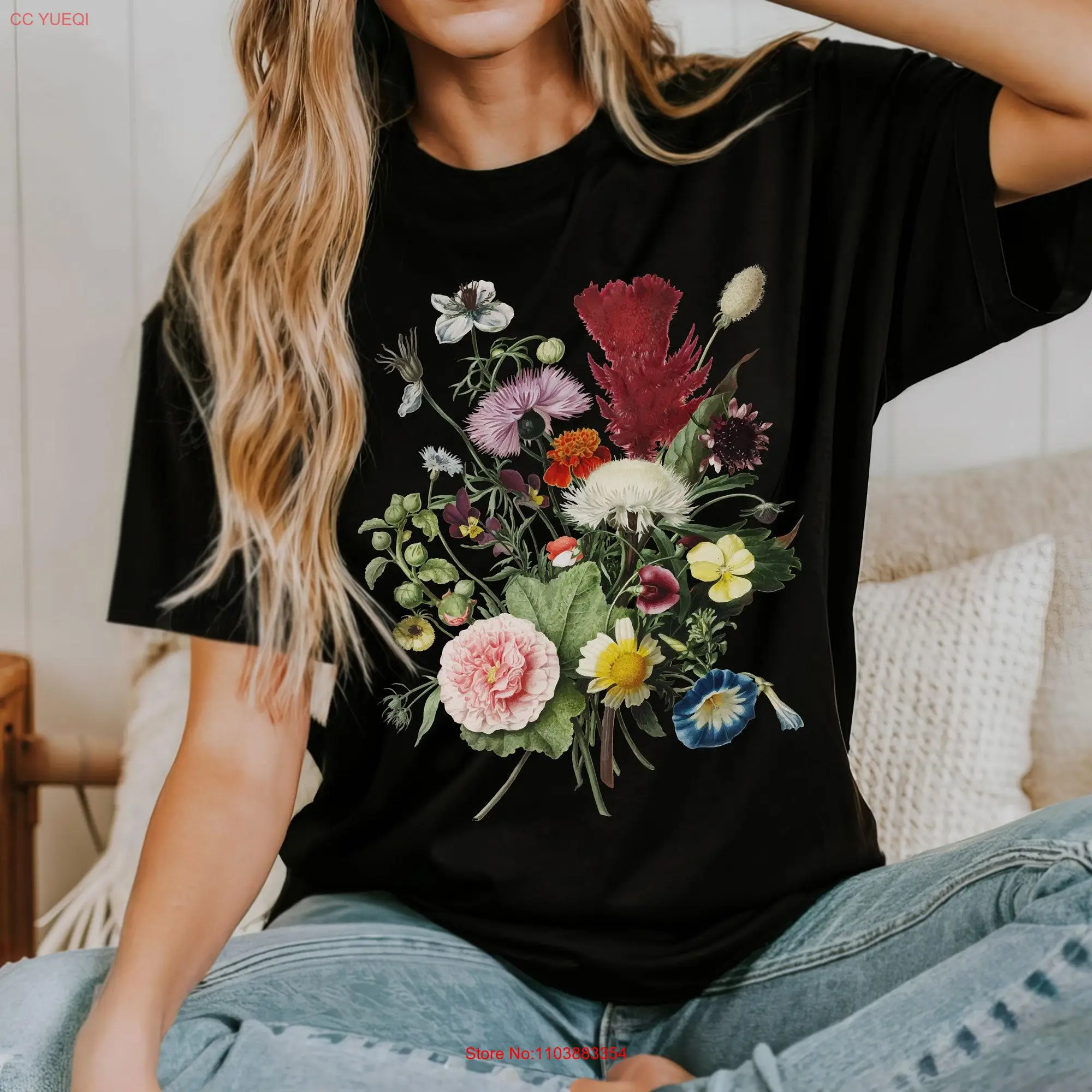 Футболка с прессованными цветами летняя разноцветная хлопковая в стиле