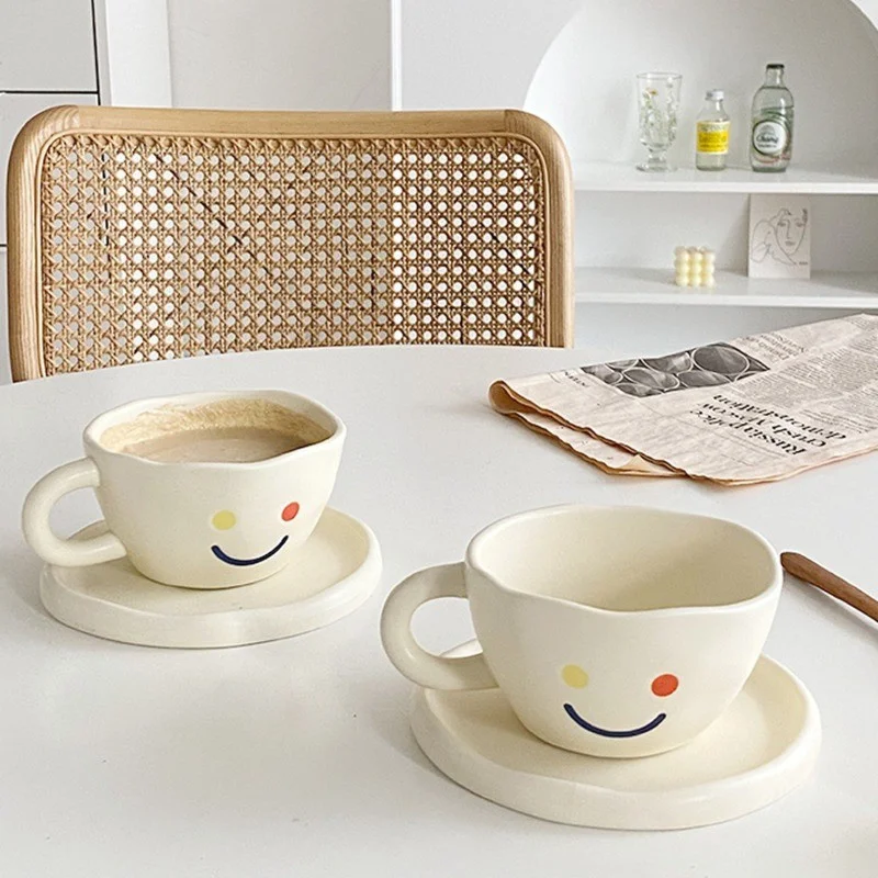 

Irregular Hand Pinched Colorful Smiley Matte Stoneware Coffee Cup Cute Cartoon Household Milk Breakfast Cup Tea Cup Set