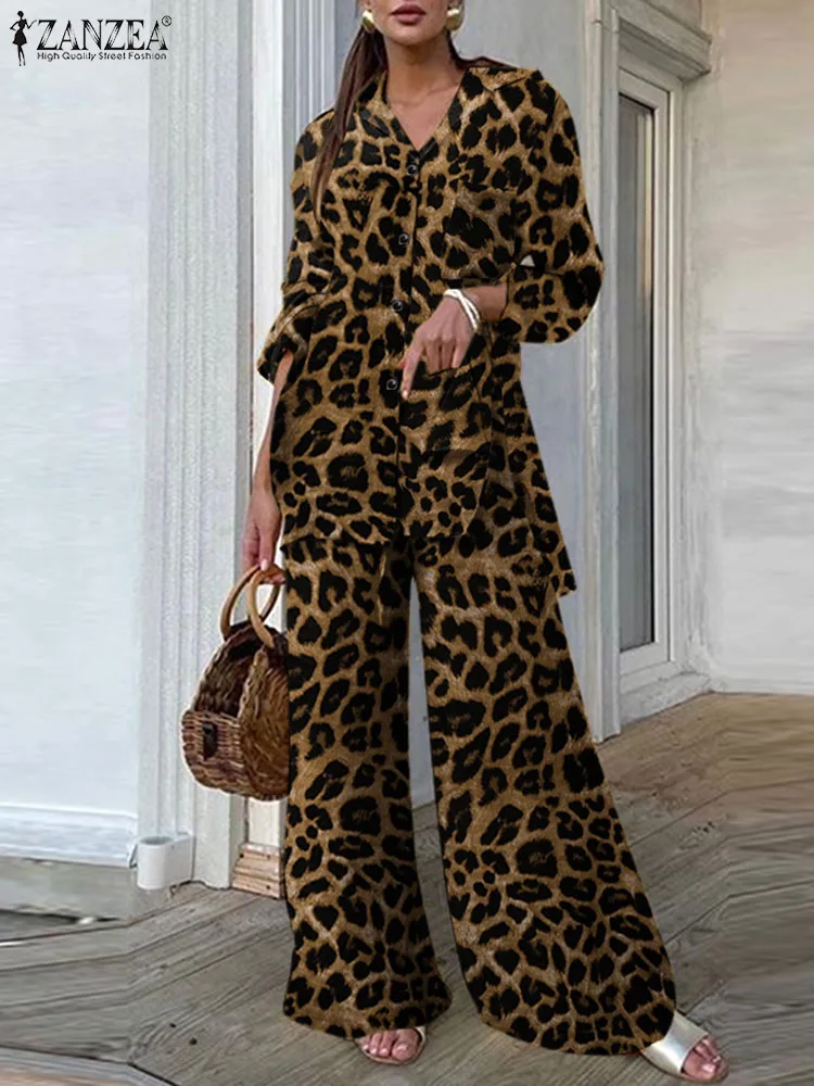 

ZANZEA Autumn Wide Leg Pant Sets Fashion Leopard Print Pant Women Casual Loose Tops and Pant Outfits 2023 Leisure Two Piece Sets
