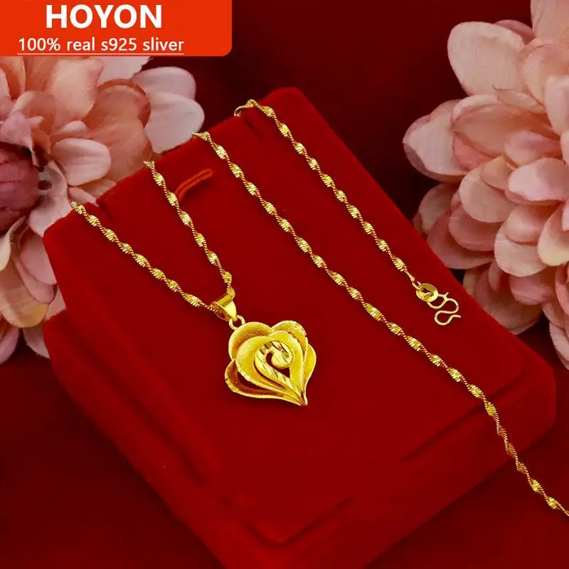 

HOYON 24K Yellow Gold Color Heart Pendant Necklace Ladies waterwave Chain Neck Collares for women wedding anniversary Gift