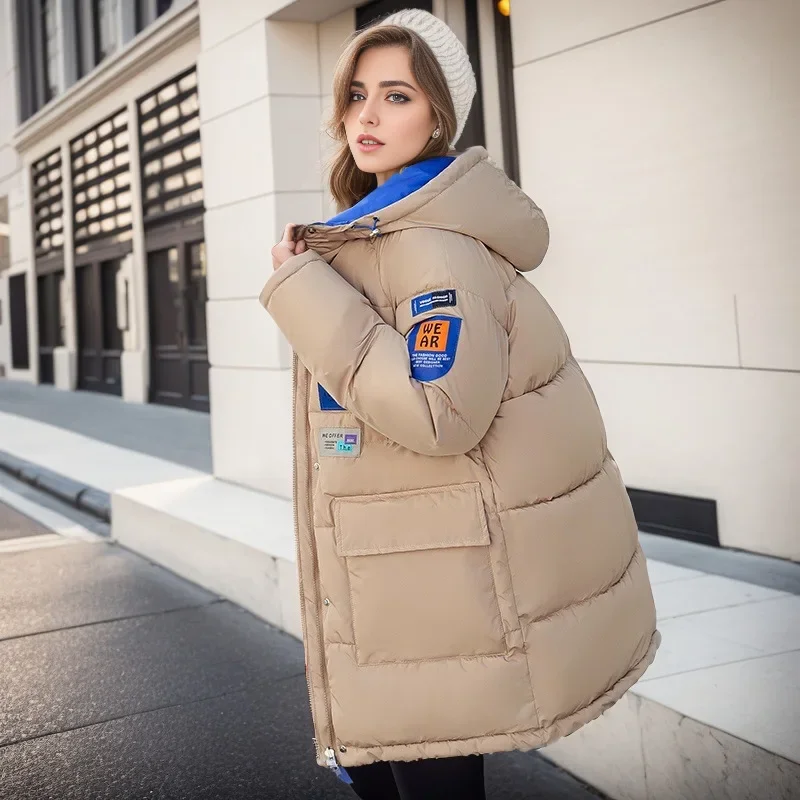 

Korean Women Full Sleeve Hooded Zipper Parkas Loose Splice Thick Warm Pockets Casual Mid Length Coats 2023 Autumn Winter