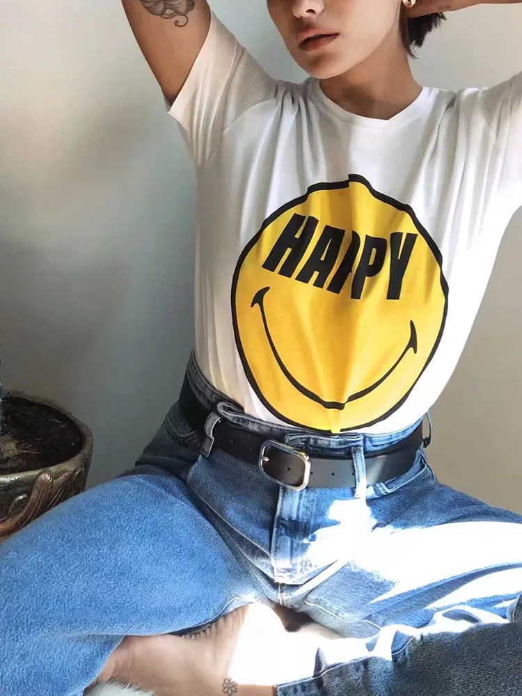 

Новая женская милая и возрастная универсальная хлопковая Футболка с круглым вырезом и короткими рукавами с текстурированным улыбающимся п...