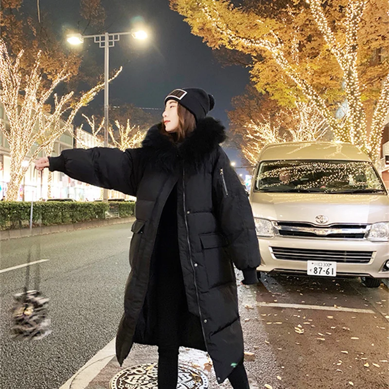 Winter Women's Thickened Long Coat Casual Loose Furry Hooded Solid Thick Warm Snow Coat Lengthened Fashion Trend Coat Women