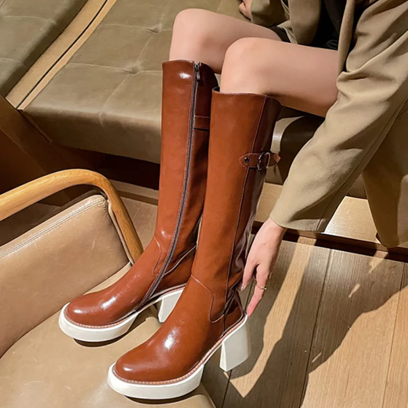 

ENMAYLA Platforms Women Knee High Boots Autumn Winter Fashion Concise Thick Heels Office Casual Shoes Woman Classic Long Boots