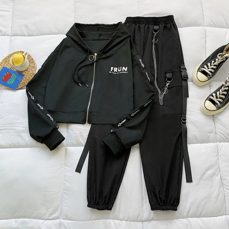 

Cargo Pants Women's Suit Korean Loose Hooded Sports Cardigan + vest + leggings three-piece chain letter printing traf Y2k
