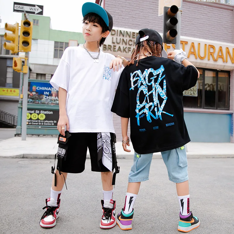 

New Boys Summer Outfits Loose Short Sleeve Hip Hop Suit Kids Letter Print Sport Costumes Girls Street Dance Wear 4 6 8 10 12 14Y