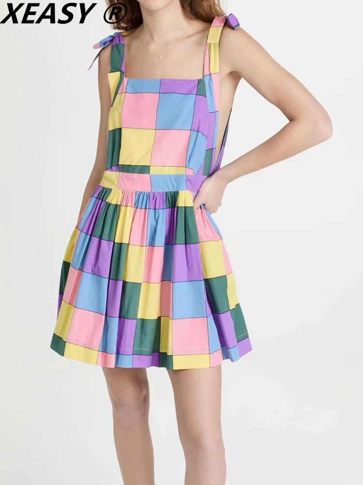 

XEASY сексуальные платья для женщин 2022 летнее винтажное платье-комбинация Повседневная Женская одежда клетчатое мини-платье