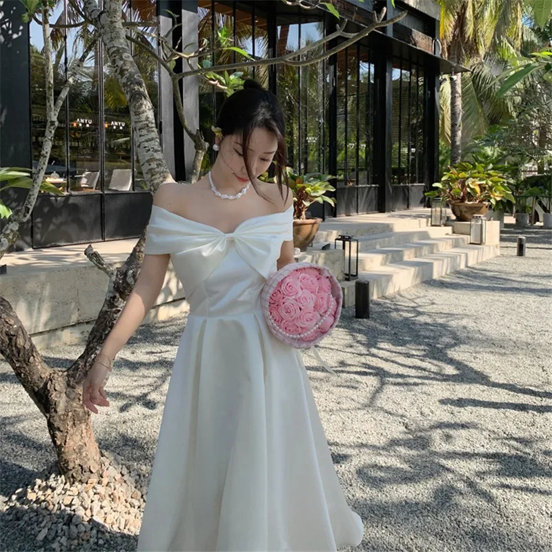 

Женское цельное свадебное платье во французском стиле, винтажное белое платье А-силуэта с открытыми плечами, женская одежда, D662