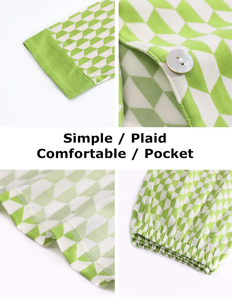 Spring Autuum Fashion Women's Casual Pocket Sleepwear Homewear Cute Lovely Pajamas Set With Pants Soft Plaid Green
