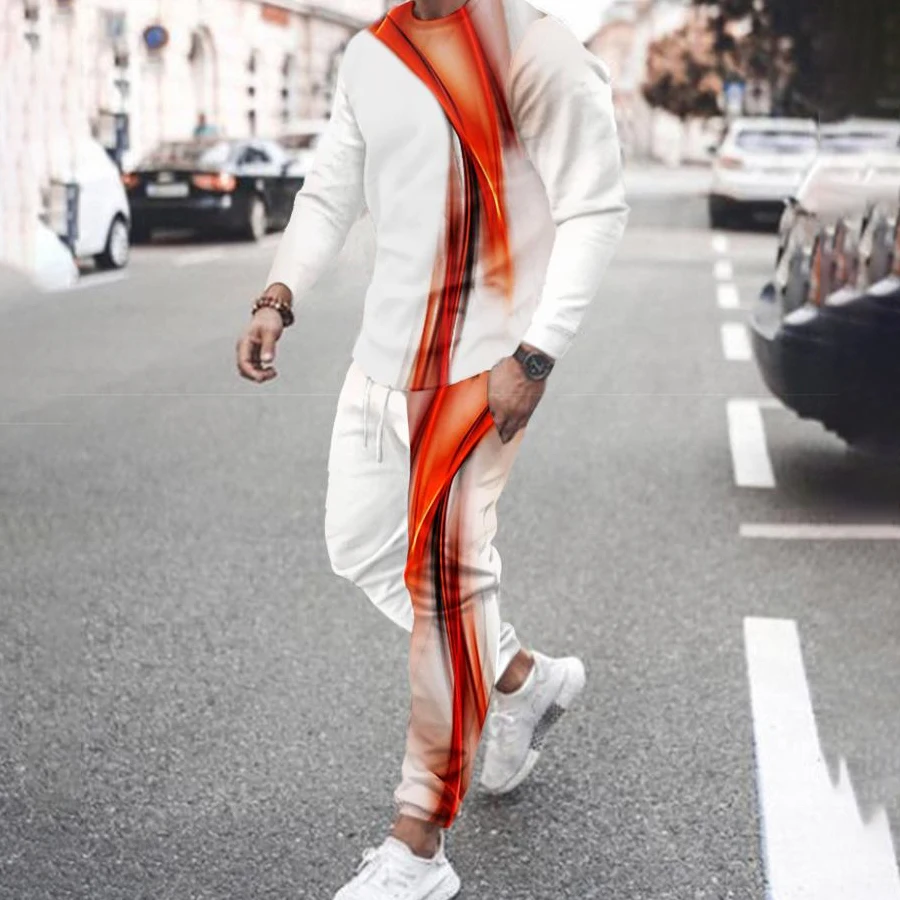 Autumn Men's Long Sleeved T-Shirt+Sports Pants 2-Piece 3D Printed Tiger Fashion Camping Set Morning Running Suit Jogging Set