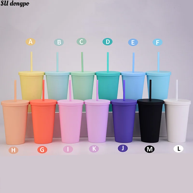 

Candy Color Double Layer Plastic Straw Cup Simple Coffee Cup Plastic Frosted Water Cup Multi-color Optional Nice Gifts