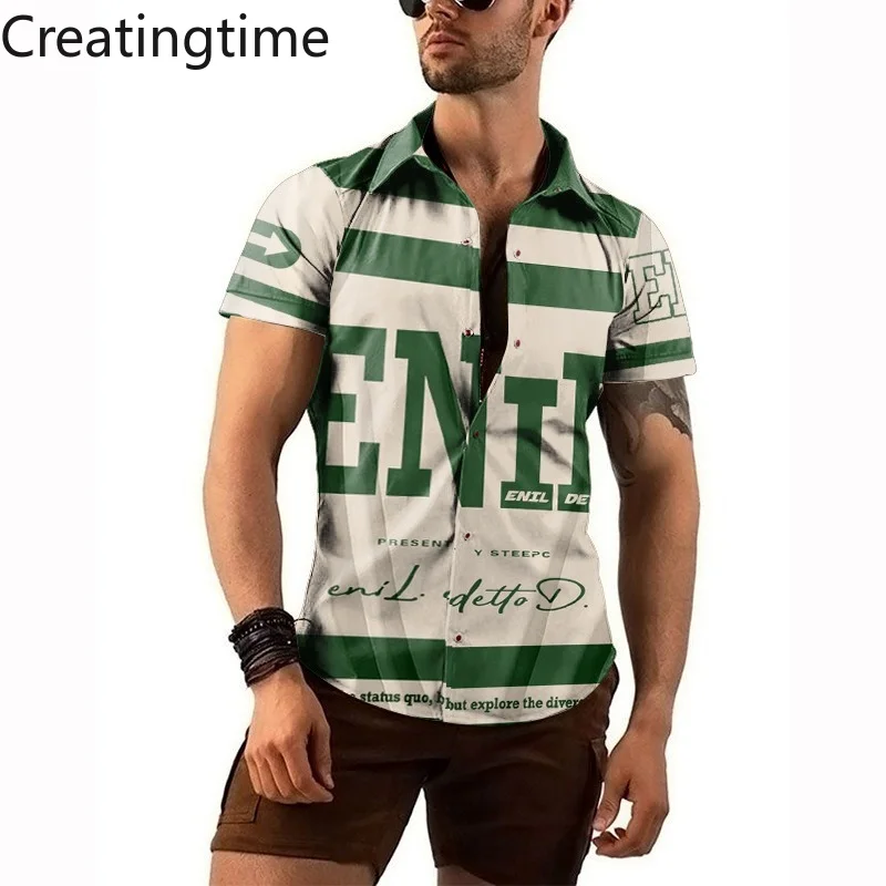 

Creatingtime 2022 Summer New Trend Men's Shirts Casual Slim Tops Simple Letter Printing Lapel Short Sleeve Single Breasted GA866