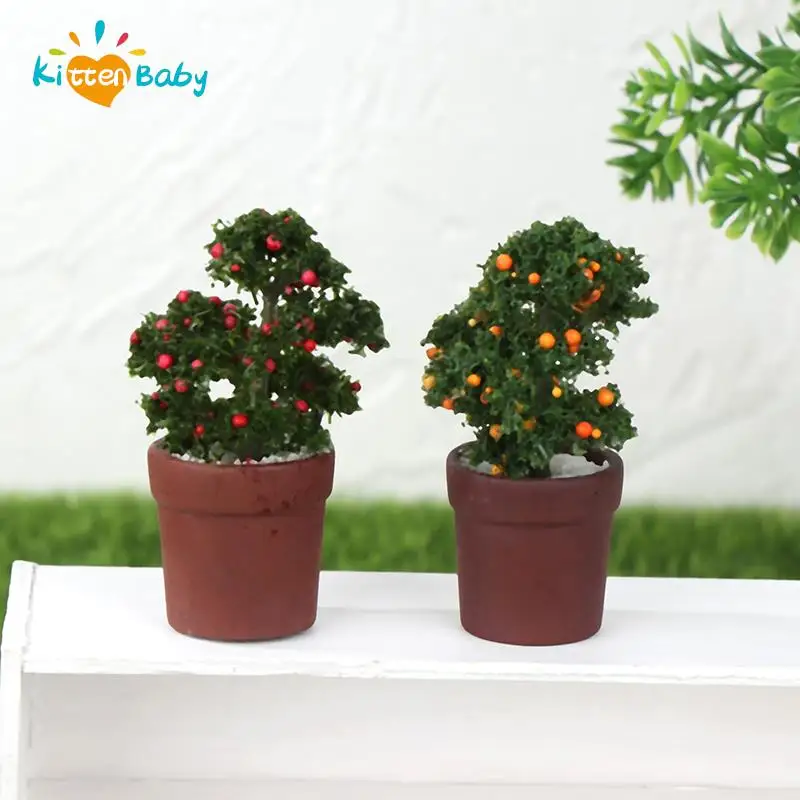 

1/12 Dollhouse Miniature Accessories Mini Green Potted Tangerine Tree Lychee Tree Fruit Trees Plants Model for Doll House Decor
