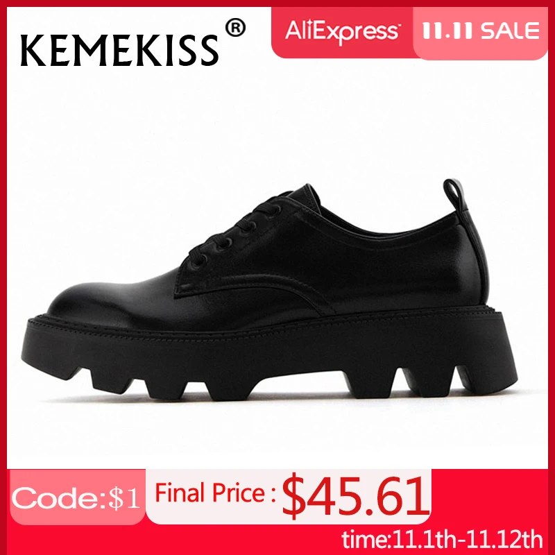 

KemeKiss New Real Leather Women Flat Shoes Platform Thick Bottom Lace Up Women Shoes Fashion Cool Ladies Footwear Size 35-42
